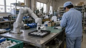 作業台の端に設置した協働ロボットと、同じ台で作業する作業者