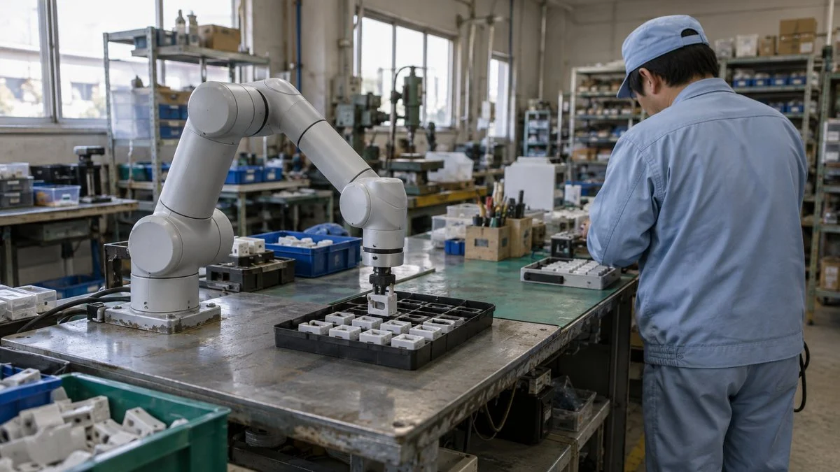 作業台の端に設置した協働ロボットと、同じ台で作業する作業者