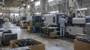 射出成形機が並ぶ樹脂成形工場と機械を操作する作業者