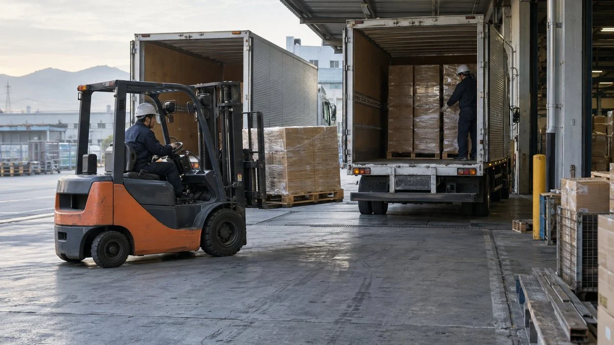 工場の荷役場に着いたトラックとパレットを運ぶフォークリフト