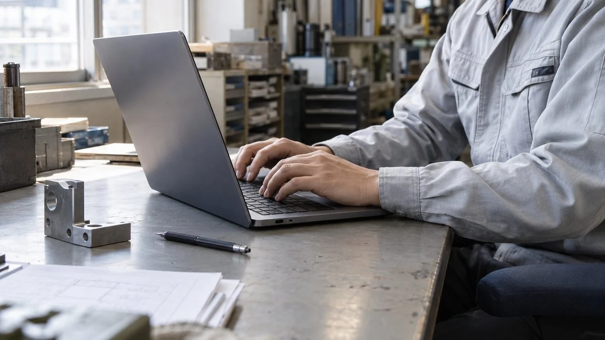 工場事務所の机でノートPCを操作するエンジニアの手元と部品