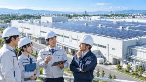 太陽光パネルを設置した工場の前で話す技術者たち