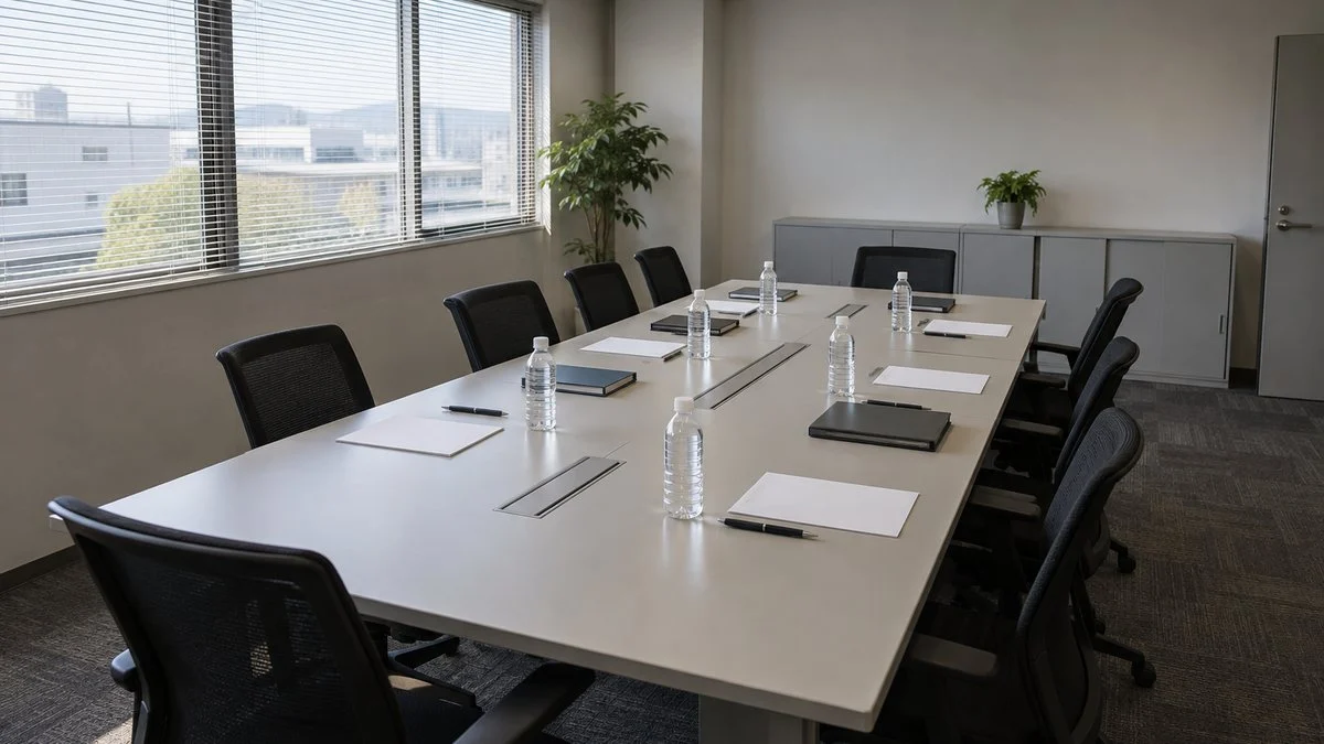 資料と筆記具が準備されたデザインレビュー前の会議室