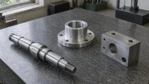 定盤の上に並んだ機械加工済みの軸・ブッシュ・ブロック部品