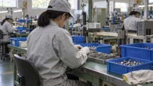 部品を仕切りトレイに仕分ける工場の作業者