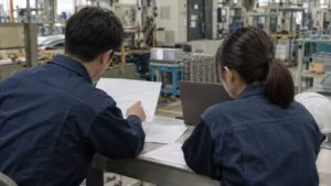 工場の一角で折れ線グラフの資料を見ながら話し合う作業着の2人