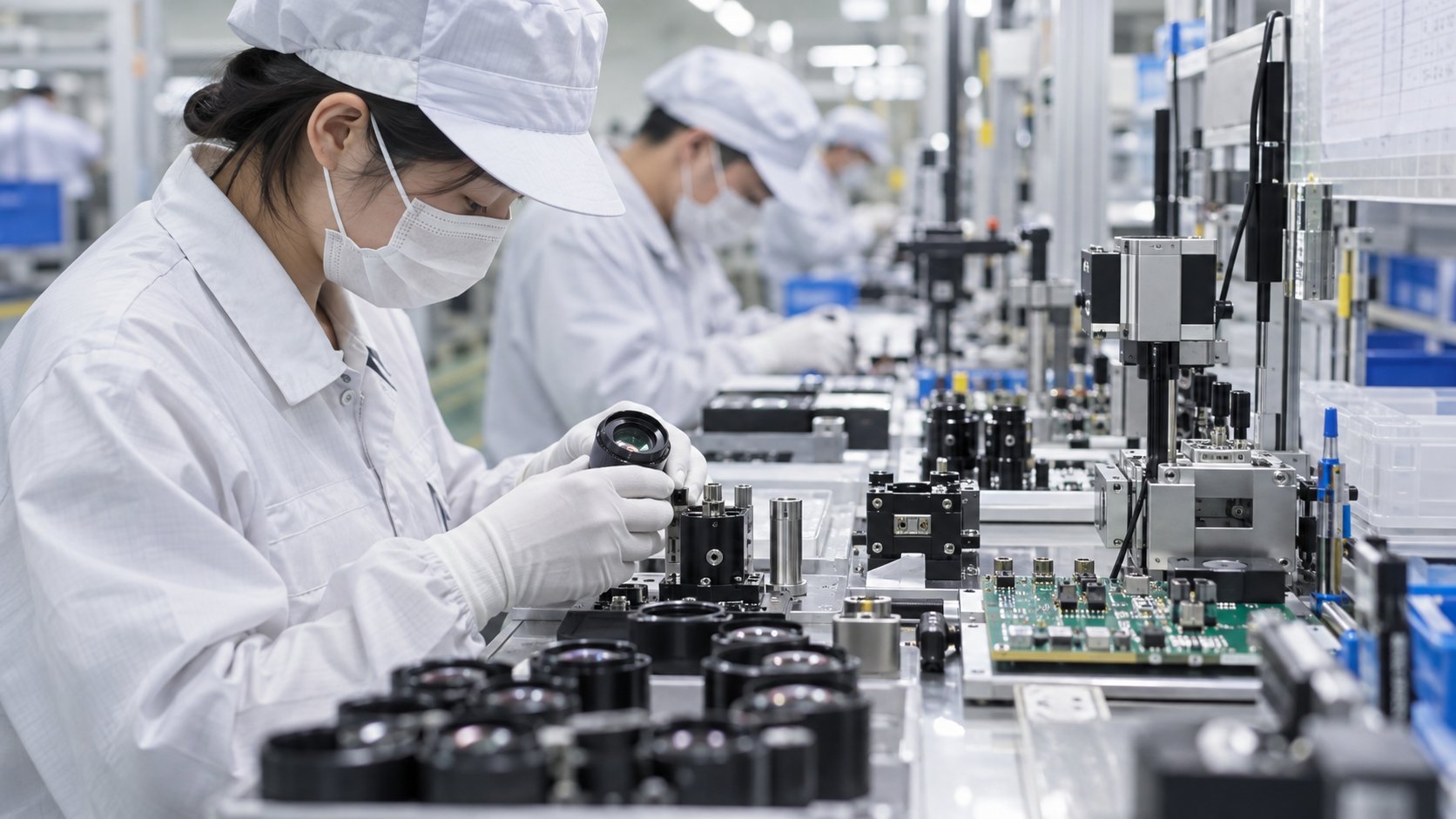 精密機器の組立ラインで作業するエンジニア