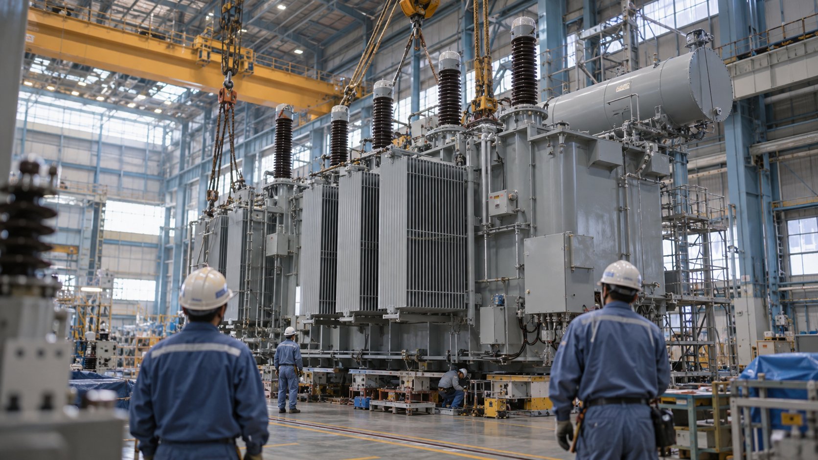 大型変圧器を組み立てる重電機器工場