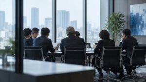 高層オフィスの会議室で資料を議論する役員たち