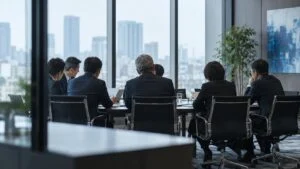 高層オフィスの会議室で資料を議論する役員たち