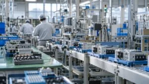 電機・精密機器メーカーの工場で部品や製品が流れる組立ライン
