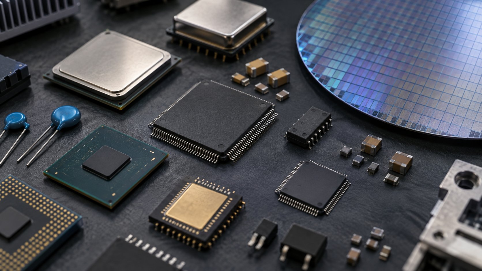 半導体チップや電子部品とシリコンウェハー