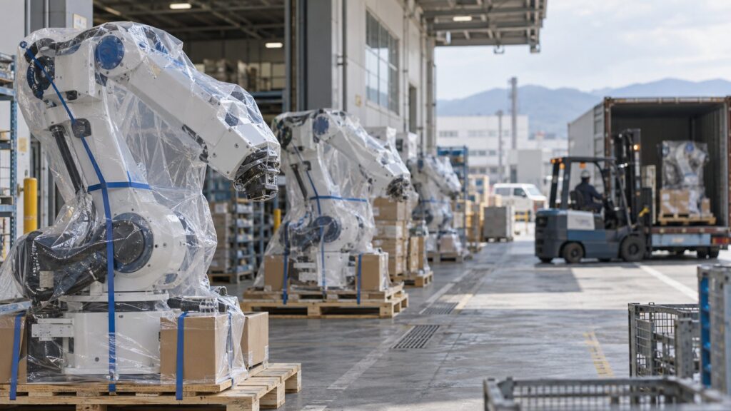 出荷待ちの産業用ロボットが並ぶ工場ヤード