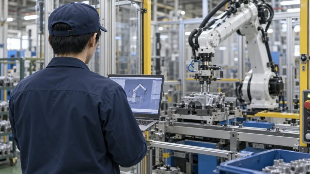 Engineer checking a robot simulation on a laptop next to a robotic assembly cell