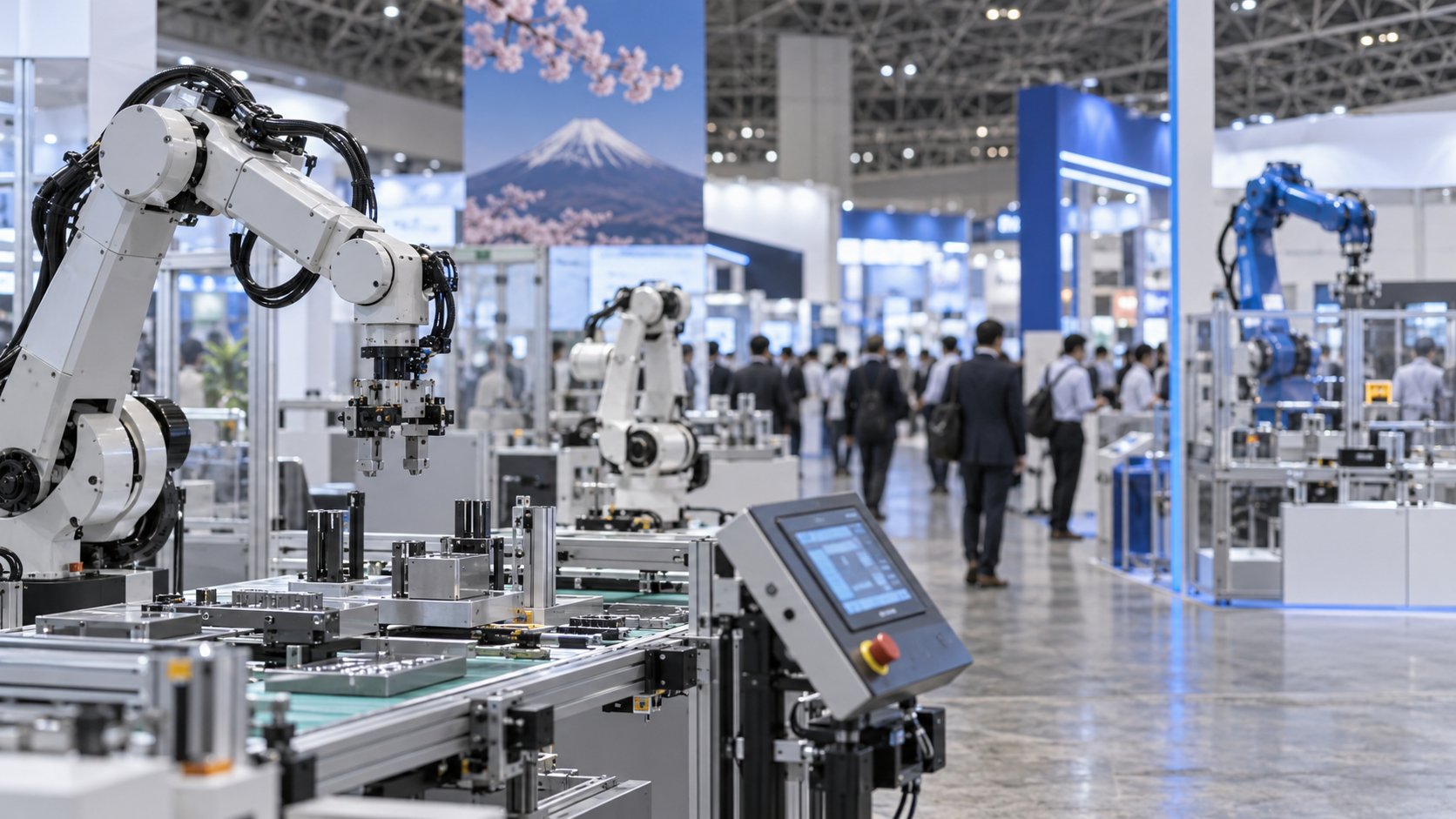 産業ロボットが並ぶ日本の自動化展示会場