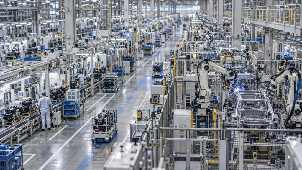 Large automated factory floor with robots and conveyors