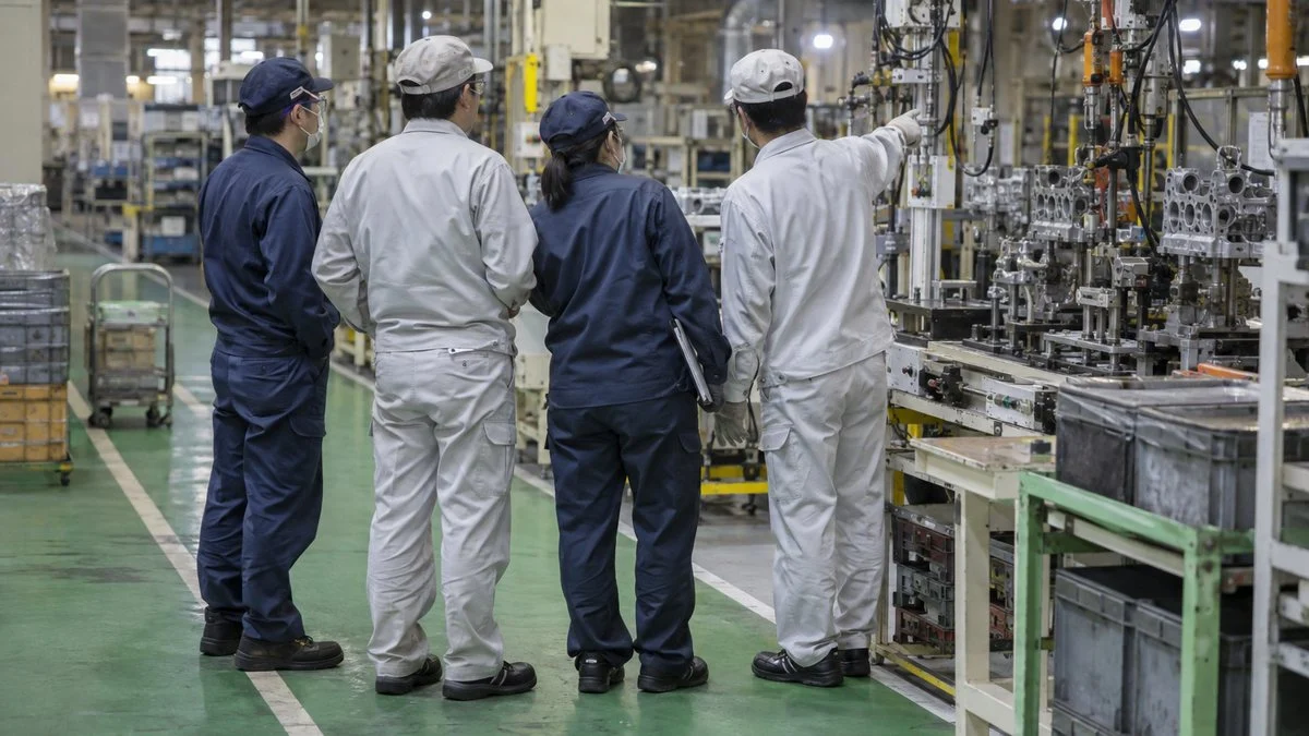 生産ライン脇で締結工程を確認する多部門のメンバー