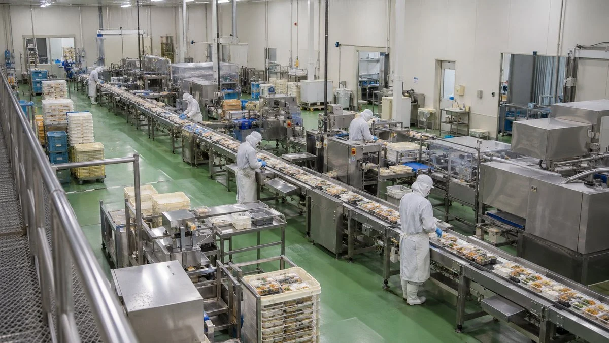 惣菜のトレーが流れる食品工場の包装ラインの全景