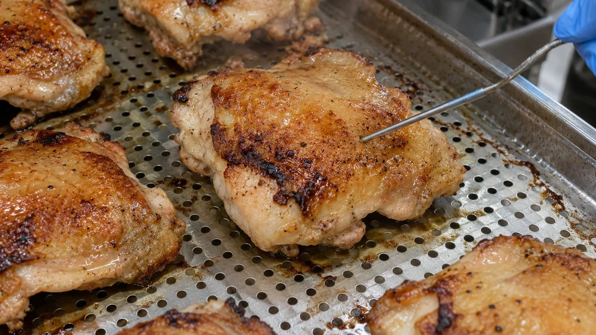 焼き上がった鶏肉に中心温度計を刺して確認する様子