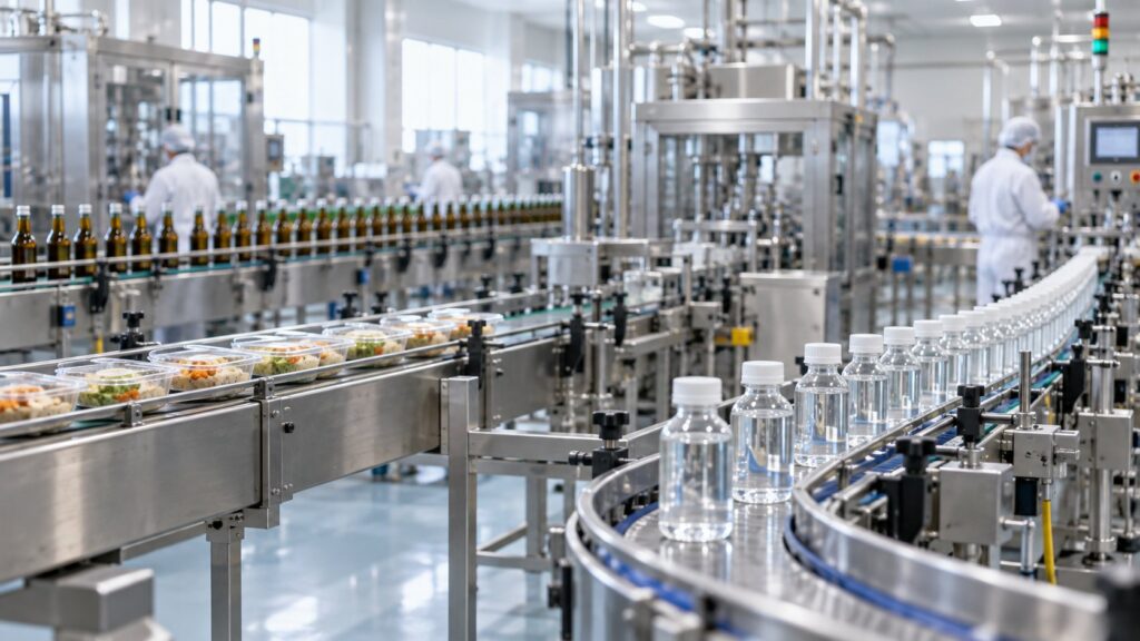食品・医薬品・日用品が並ぶ清潔な製造工場の充填ライン