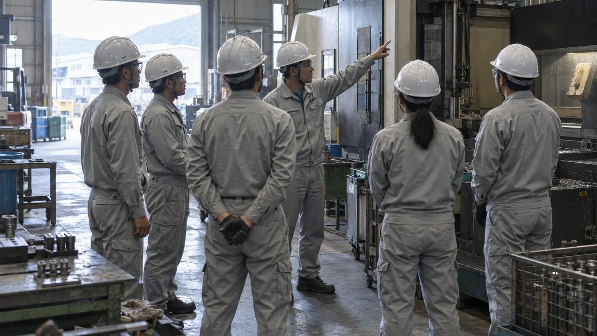 工場の朝礼で指差呼称を行う日本人と外国人の作業者