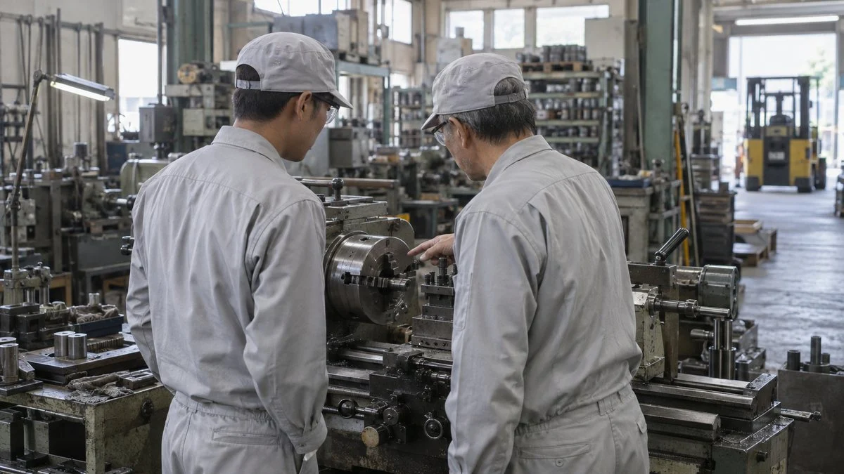 旋盤の前で外国人の実習生に作業を教える日本人技能者