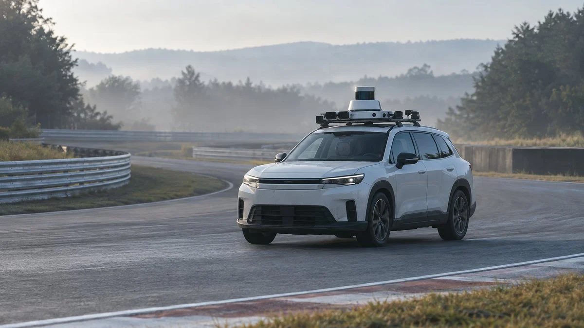 センサーを搭載した試験車両がテストコースを走る様子