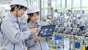 生産ラインの前でタブレットの生成AIを使って相談する技術者