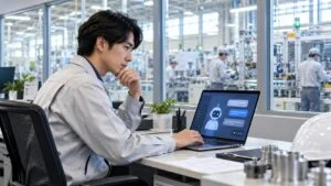 工場の事務所でノートPCの生成AIを使う技術者