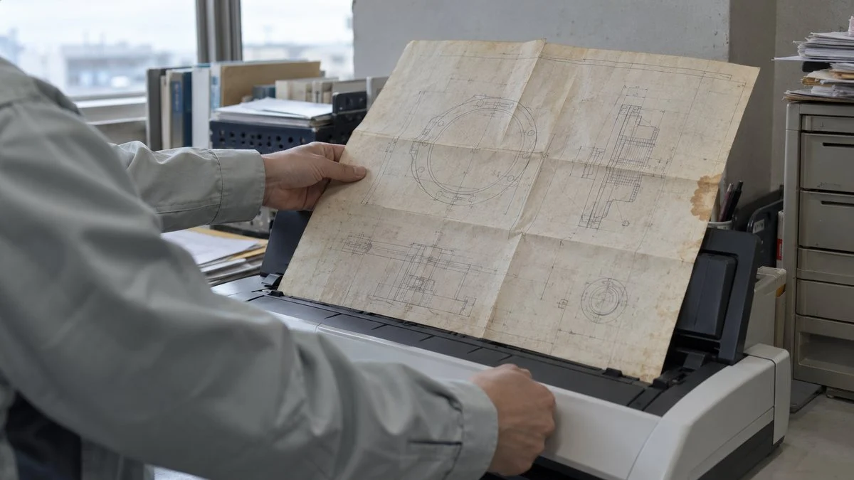 古い紙の図面をスキャナーで読み込む手元