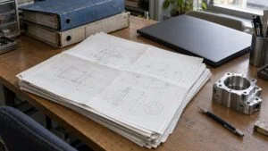 設計室の机に積まれた図面の束とバインダー、ノートPC