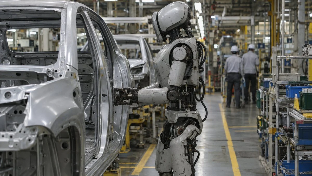 自動車の組立ラインで車体の横に立つ人型ロボット