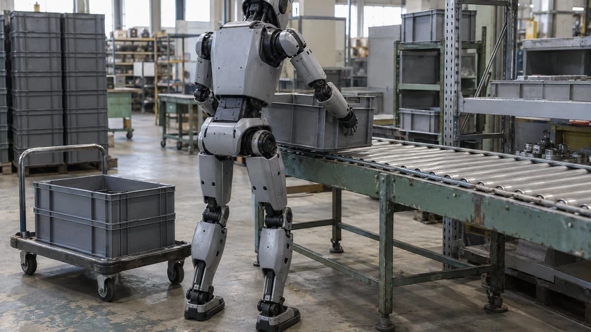部品供給エリアで通い箱をコンベヤに載せる人型ロボット