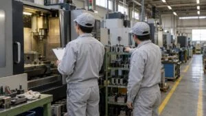 機械加工工場でクリップボードを持って設備を確認する監査員