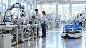 協働ロボットや搬送車が稼働する工場で稼働状況を確認する技術者