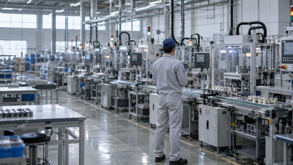 一人の作業員が複数設備を監視する生産現場