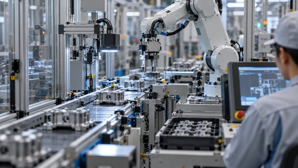 ロボットとセンサーが連携する自動化ライン