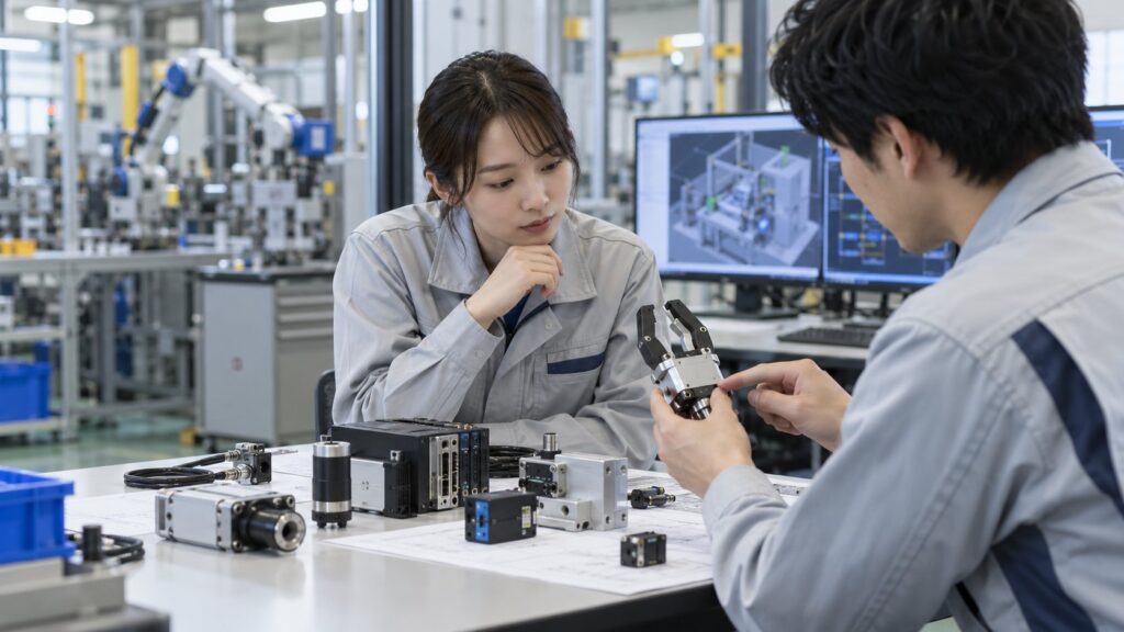 自動化部品を確認しながら学ぶ技術者2人