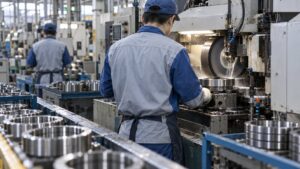 研削盤でベアリング部品を加工する工場の生産ライン