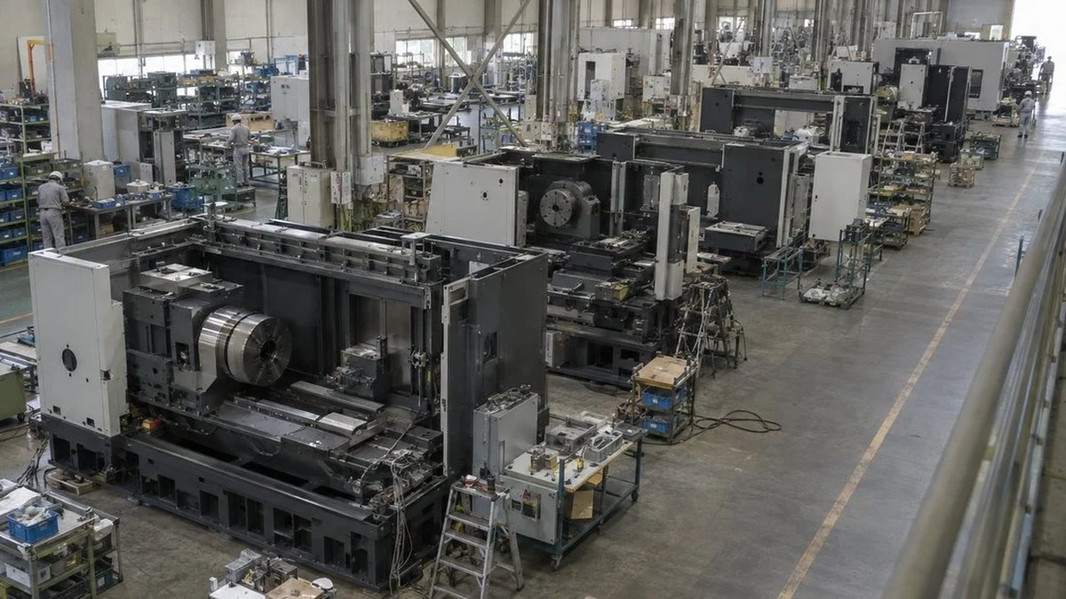 組立途中の工作機械が並ぶメーカーの組立工場