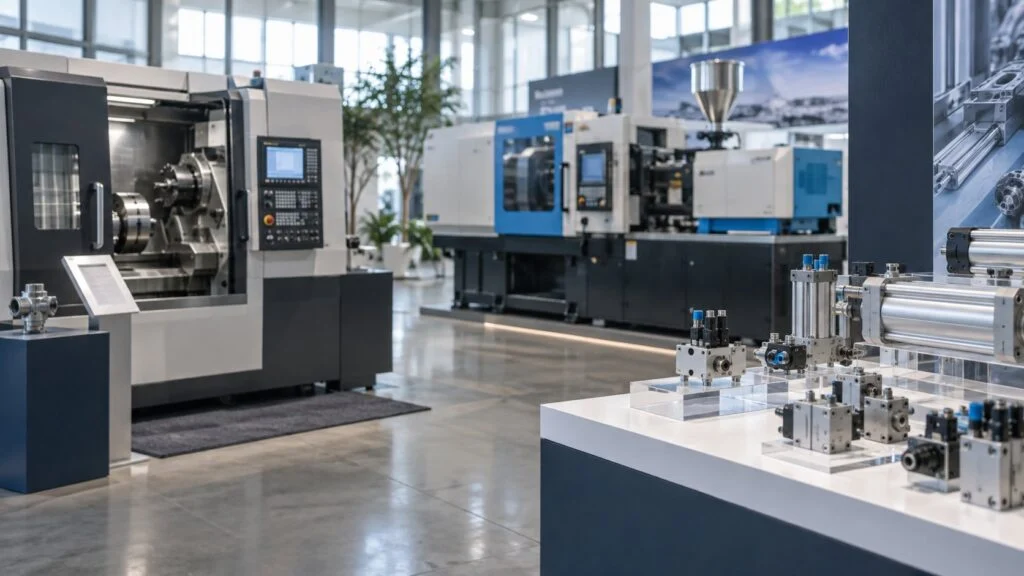 Showroom with a CNC lathe, an injection molding machine, and pneumatic components on display