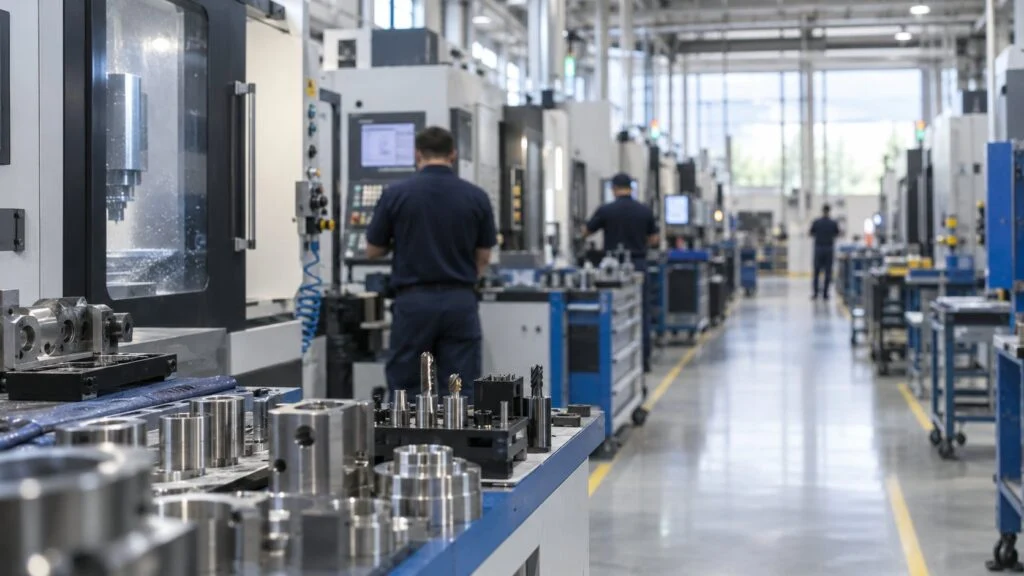 Modern machining plant with rows of CNC machines and operators in the aisle
