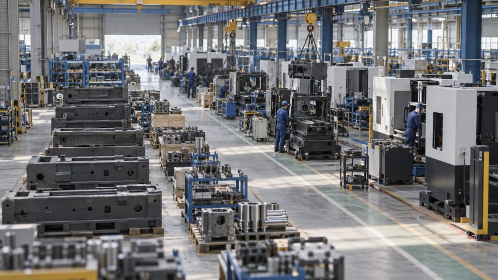 工作機械の組立工程が並ぶ日本の大型工場