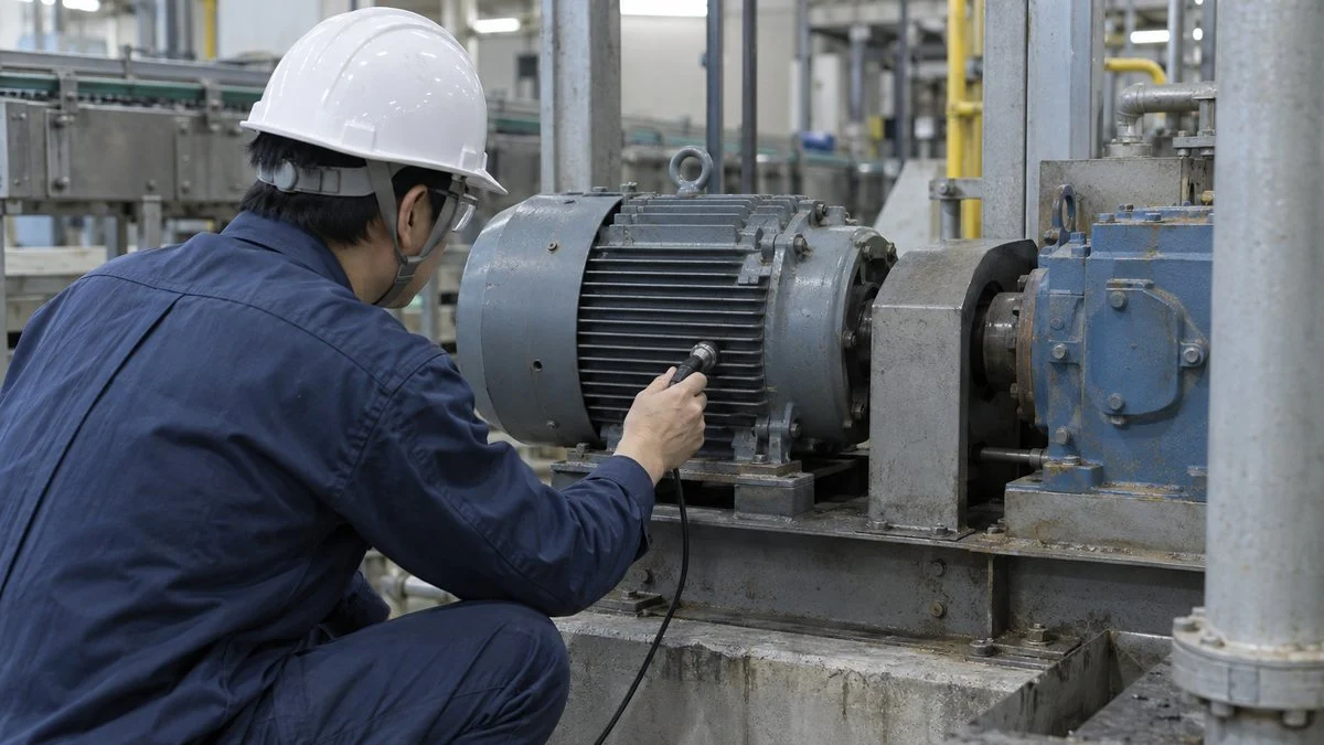 Maintenance technician checking a motor on a production line with a vibration meter