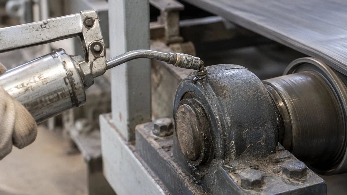 Grease gun lubricating a conveyor bearing housing