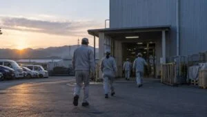 早朝のシフト交替で工場の入口へ向かう作業服の従業員