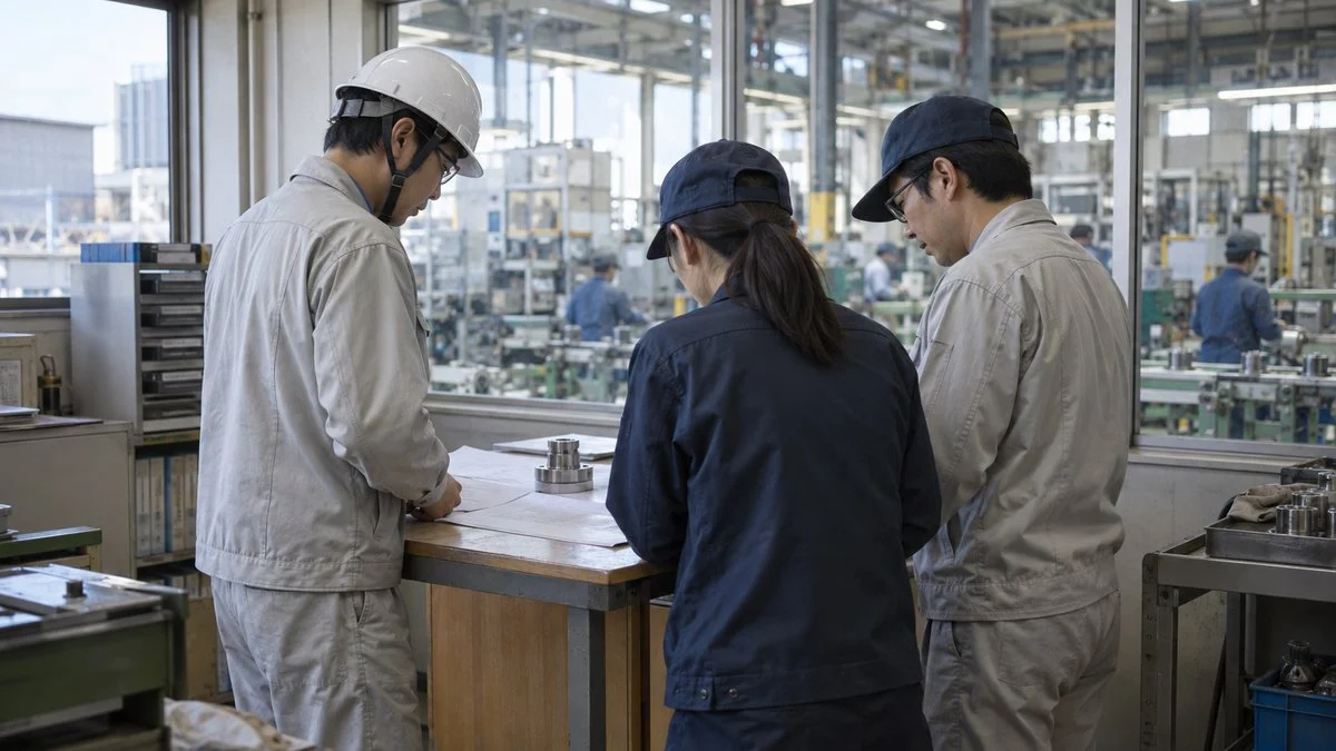 生産現場の横の技術事務所で工程資料を確認する技術者たち