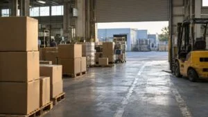 部品工場の出荷場にパレット積みされた段ボール箱とフォークリフト