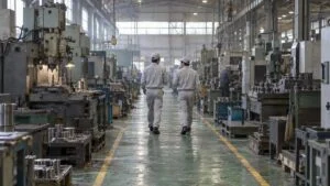 工作機械が並ぶ工場の通路を歩く若手作業者の後ろ姿