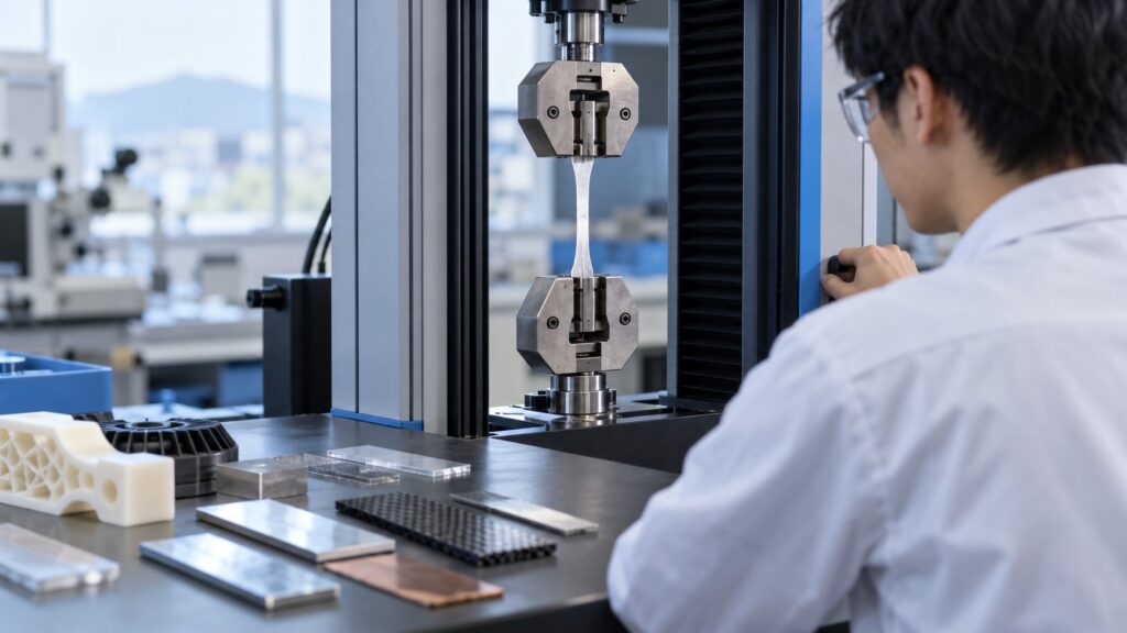 材料試験機で試験片を評価する研究者